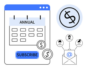 Calendar with annual timeline, subscribe button, dollar signs, email envelope, and connected user icons. Ideal for finance, marketing, e-commerce, subscriptions online services email campaigns