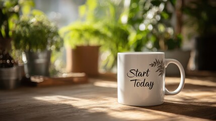 White mug with start today message sits on a wooden surface with plants in the background