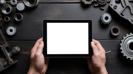 Mechanic Holding Tablet with Blank Screen on Table Full of Auto Parts