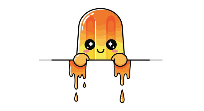 Cute Orange Popsicle Melting Over a Line with Happy Face and Sparkling Eyes