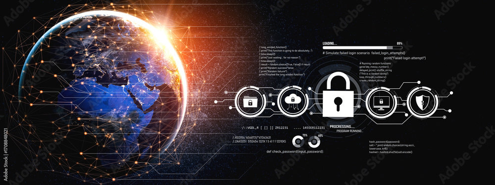 Poster cyber security protects against breaches, hacks, and network attacks using strong infrastructure and