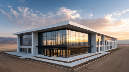 Fototapeta premium A sleek, contemporary structure stands as a testament to innovative design against the backdrop of a vast, open landscape, epitomizing architectural excellence.
