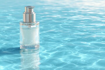 Clear glass bottle of lotion rests on tranquil turquoise water