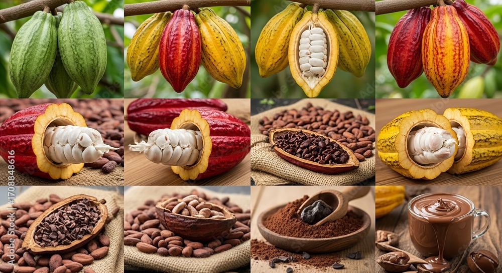 Poster cacao pods display various stages of development from raw fruit to chocolate in a multi-image compos