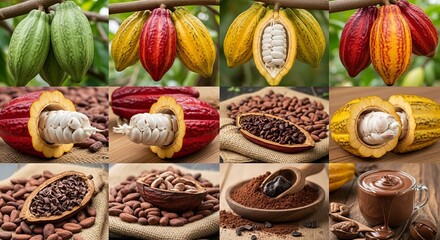 Cacao pods display various stages of development from raw fruit to chocolate in a multi-image composition.