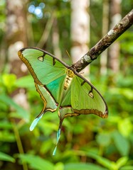 A luminous green moth rests on a branch