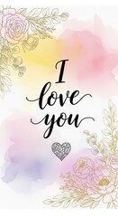 Calligraphic text "I love you" is centered on a watercolor background with floral elements, creating a romantic design.