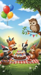 Cartoon animals are celebrating a birthday with cake, balloons, and decorations on a checkered picnic blanket outdoors.