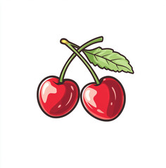 Obraz premium An illustration of a pair of bright red cherries with green leaves, attached to a stem. The image is clean and has a glossy, digital feel.