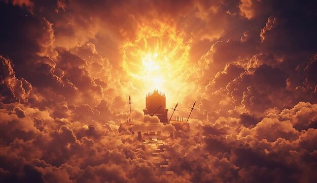 A heavenly throne glowing above the clouds, light bursting through the skies, a lamb&rsquo;s shadow at the foot of the throne, scrolls and swords