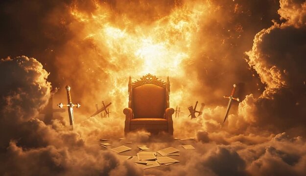 A heavenly throne glowing above the clouds, light bursting through the skies, a lamb&rsquo;s shadow at the foot of the throne, scrolls and swords