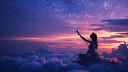 A beautiful woman sits on the clouds, reaching up to touch the stars. The magical starry sky.