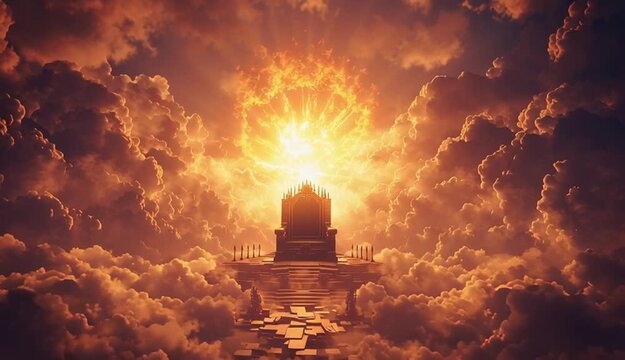 A heavenly throne glowing above the clouds, light bursting through the skies, a lamb&rsquo;s shadow at the foot of the throne, scrolls and swords