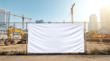White Mockup Banner on Metal Gate in Urban Construction Zone