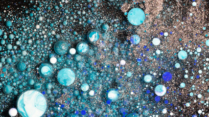 Luxury cosmic abstract background with blue gold pink liquid bubbles marble texture space art design