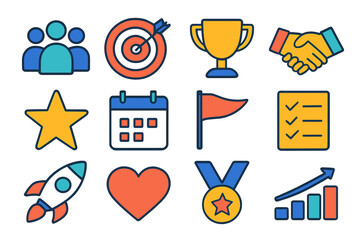 Business success flat icons set. featuring team, target, trophy, handshake, star, calendar, flag, checklist, rocket, heart, medal, growth