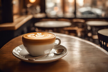 Latte art coffee in rustic cafe