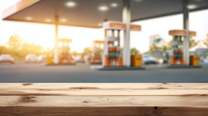 Wooden Tabletop with Blurred Twilight Gas Station Background