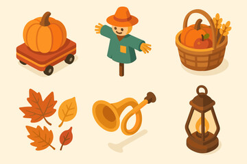 Autumn festival flat icon set. featuring pumpkin, scarecrow, basket, leaves, horn, lantern