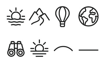 Nature and travel linear icons set. featuring sun, mountains, hot air balloon, globe, binoculars, horizon, arc, line symbols