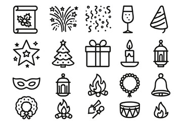 Christmas and new year linear icon set. featuring decorations, fireworks, gifts, candles, and wreaths symbols