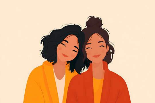 friendship illustration, two pals side by side, feeling cheerful, best buddies, simple illustration of friendship