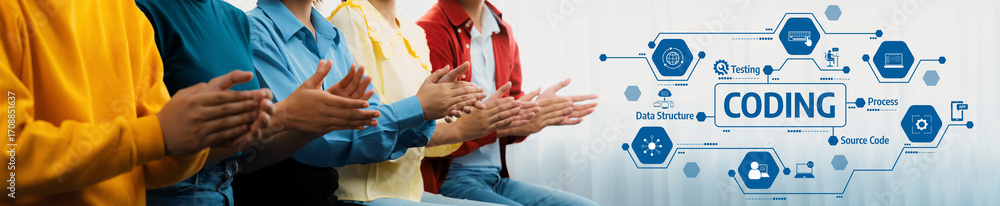 Poster a diverse group of individuals actively participating in a coding workshop, showcasing teamwork and 