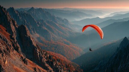 A paraglider gliding over the peaks of the mounts.
