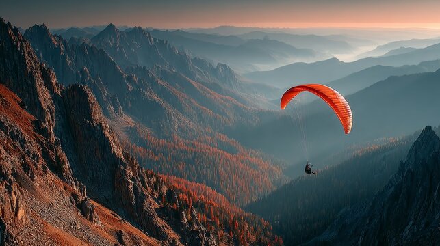 A paraglider gliding over the peaks of the mounts.
