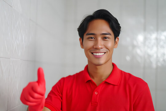 cleaning service personnel, indonesian man in red cleaner uniform, mask, and handgloves posing with a thumbs-up in front of a clean bathroom realistic texture