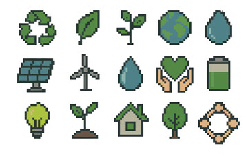 Ecology and sustainability pixel icon set. featuring recycle, leaf, plant, globe, water, and solar symbols