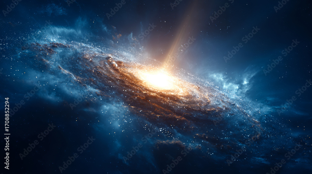 Wall mural a spiral galaxy, centered in the frame with a beam of light emanating from its core