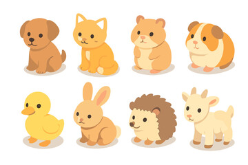 Cute animals flat icon set. featuring dog, cat, hamster, guinea pig, duckling, rabbit, hedgehog, goat