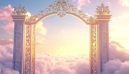 A majestic golden gate floating among the clouds, intricately designed with elegant filigree patterns. The gates are slightly open - Powered by Adobe