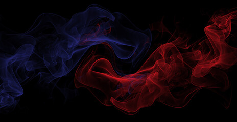 Obraz premium Abstract waves of red and blue smoke intertwine elegantly on a stark black background.