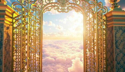 A majestic golden gate floating among the clouds, intricately designed with elegant filigree patterns. The gates are slightly open - Powered by Adobe