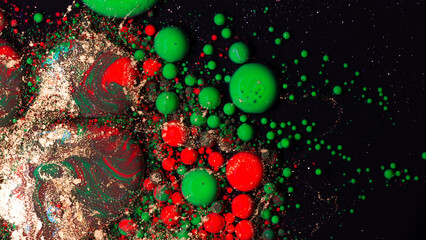 Christmas abstract background with red green gold bubbles liquid art texture holiday festive decoration design