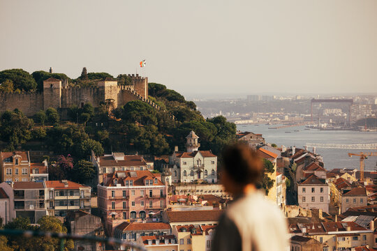 Lisbon skyline with Sao Jorge Castle at sunset
