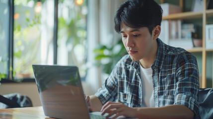 ノートパソコンを操作する若者