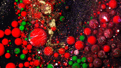 Christmas abstract background with red green gold bubbles liquid art texture holiday festive decoration design