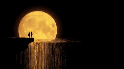 Two people stand at the edge of a waterfall against the backdrop of a shining full moon.