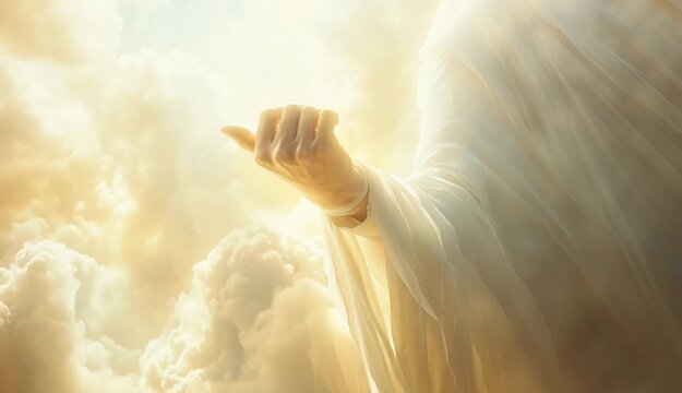 Heaven and cross love and faith and salvation concept of Jesus Christ reaching out with open arms in sky