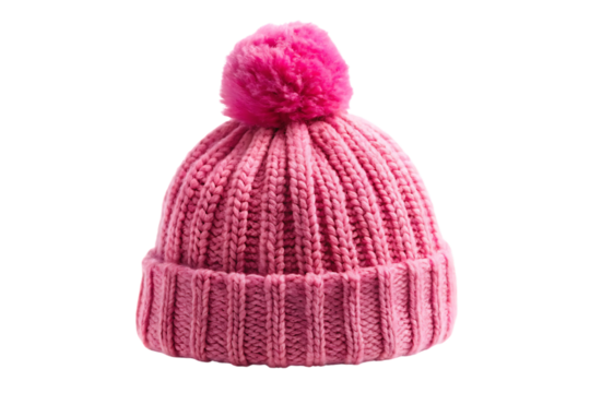Pink knitted beanie with pompom, isolated on  a transparent background, png