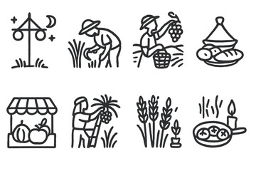 Fototapeta premium Linear icons depicting farming and harvest with farmers and crops