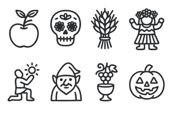 Monochrome line art icons celebrating autumn and halloween traditions