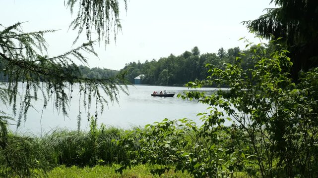 People take a rowing boat ride on the surface of White Lake in the Gatchina Palace Park on a sunny summer day, Russia
