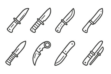 Set of linear knife icons on dark background for outdoor and survival themes