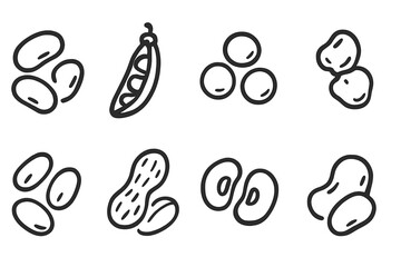 Hand-drawn legume icons on dark background with peas, beans, and lentils