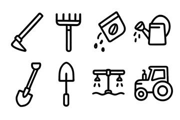 Obraz premium Gardening tools and equipment icons set on dark background