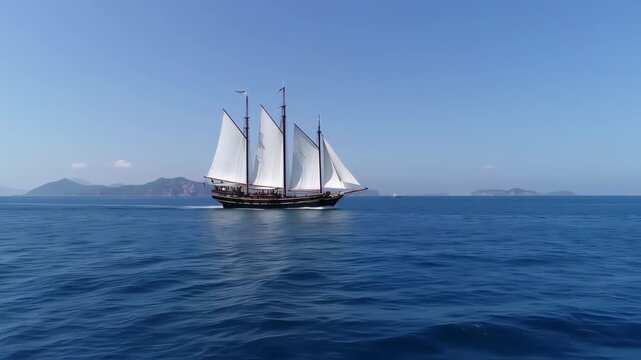 A sailing vessel on a calm sea.  A three-masted ship with white sails cuts a serene path across the deep blue ocean.  Distant islands are visible against a clear, light blue sky